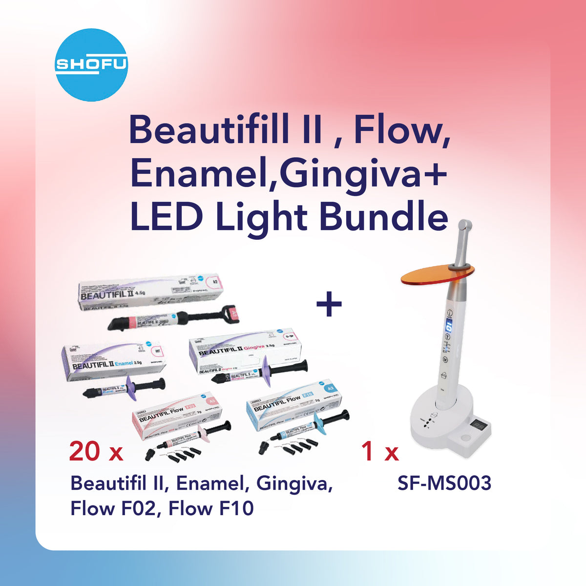[HKIDEAS] 20 Syringes * Shofu Beautifil II, Enamel, Gingiva, Flow Refill 4.5g + 1 *  LED Curing Light C02-D, 220V Bundle