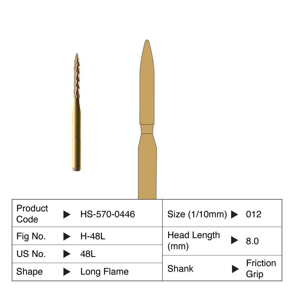 HS Carbide Bur Long Flame Trimming &amp; Finishing Friction Grip 48L-012 5/Pack