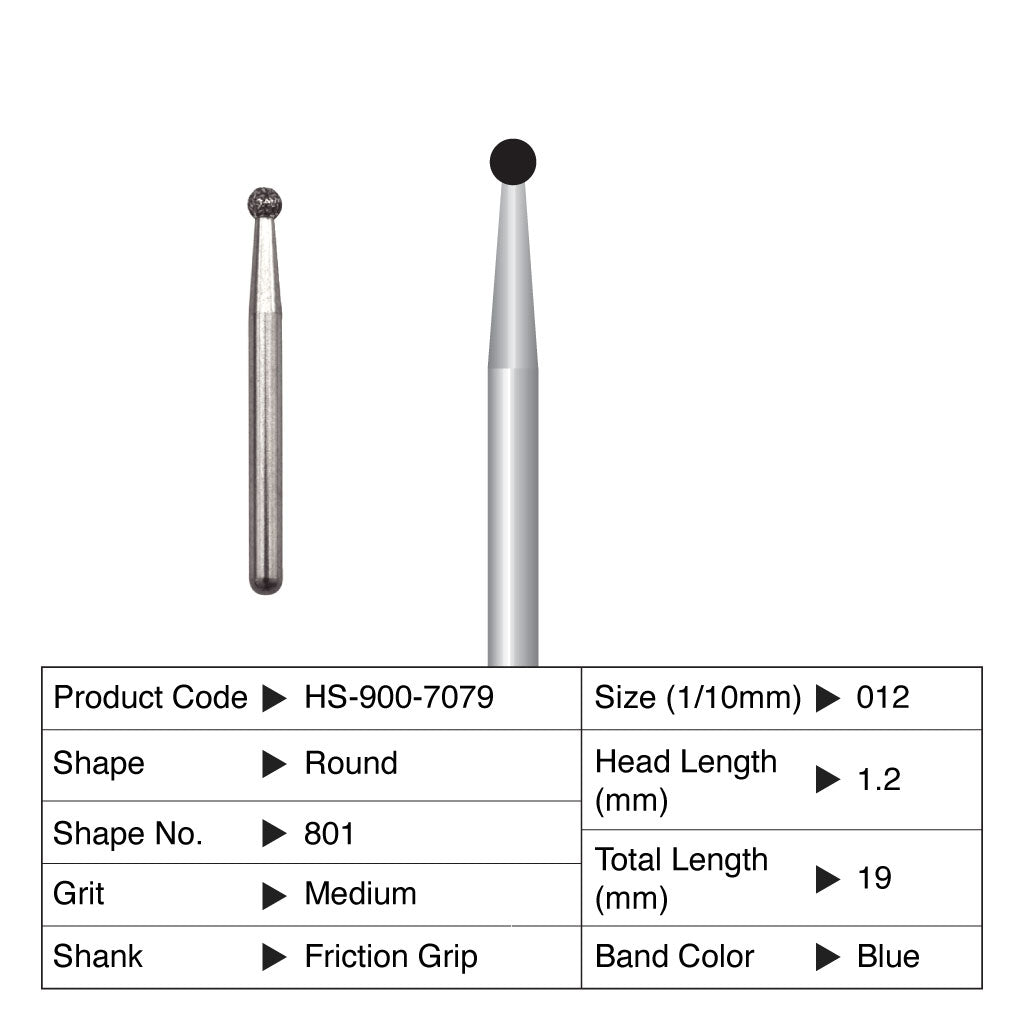 HS Maxima Diamond Bur Round Friction Grip Medium 801-012M 5/Pack