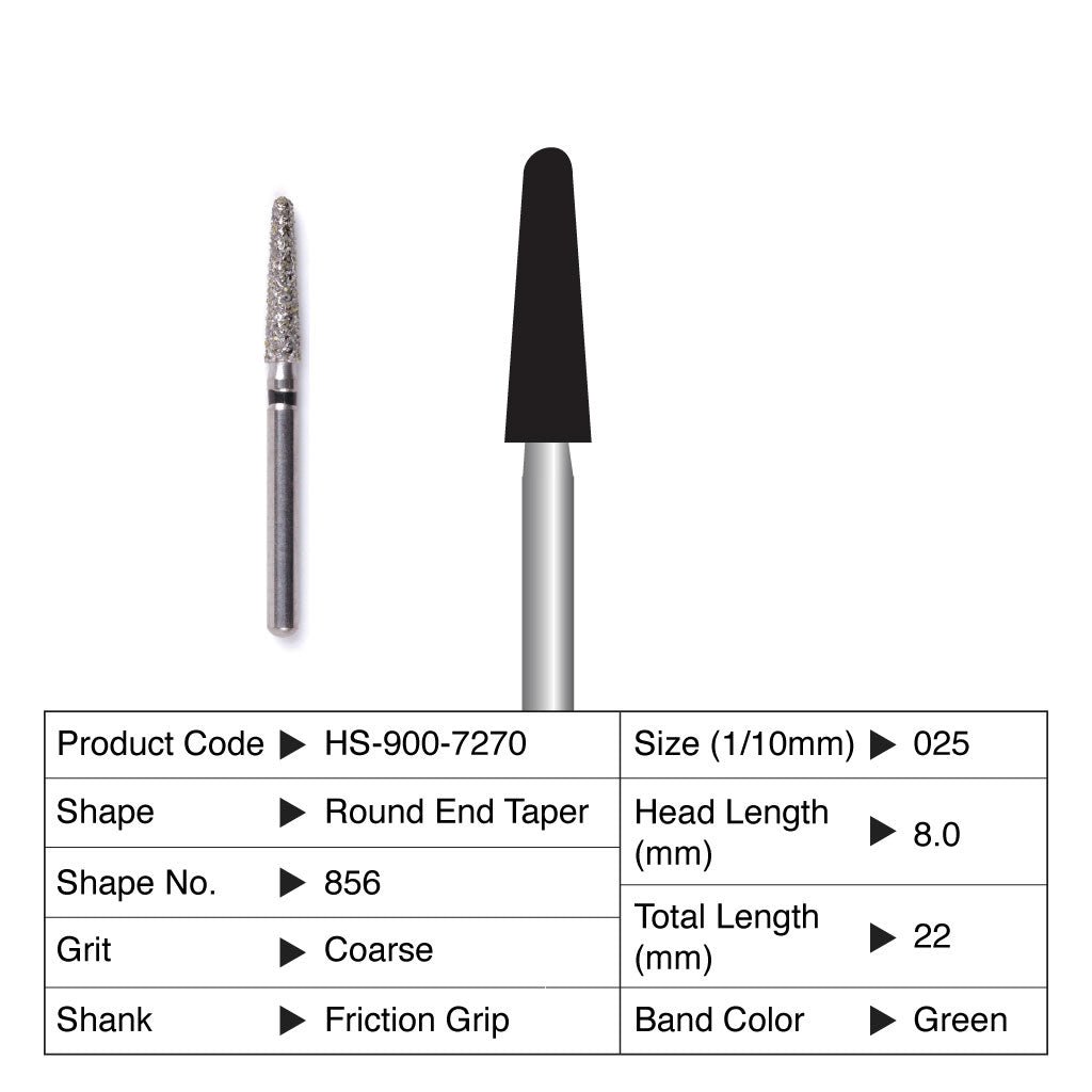 HS Maxima Diamond Bur Round End Taper Friction Grip Coarse 856-025C 5/Pack