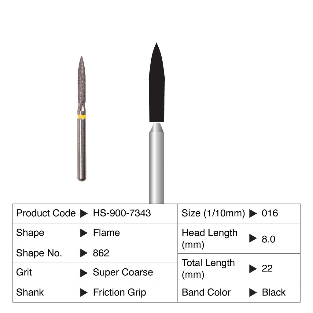 HS Maxima Diamond Bur Flame Friction Grip Super Coarse 862-016SC 5/Pack