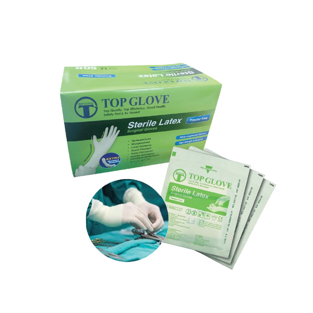 HS Top Glove Surgical Latex Gloves Sterile Powderfree Size 6.5 50/Box